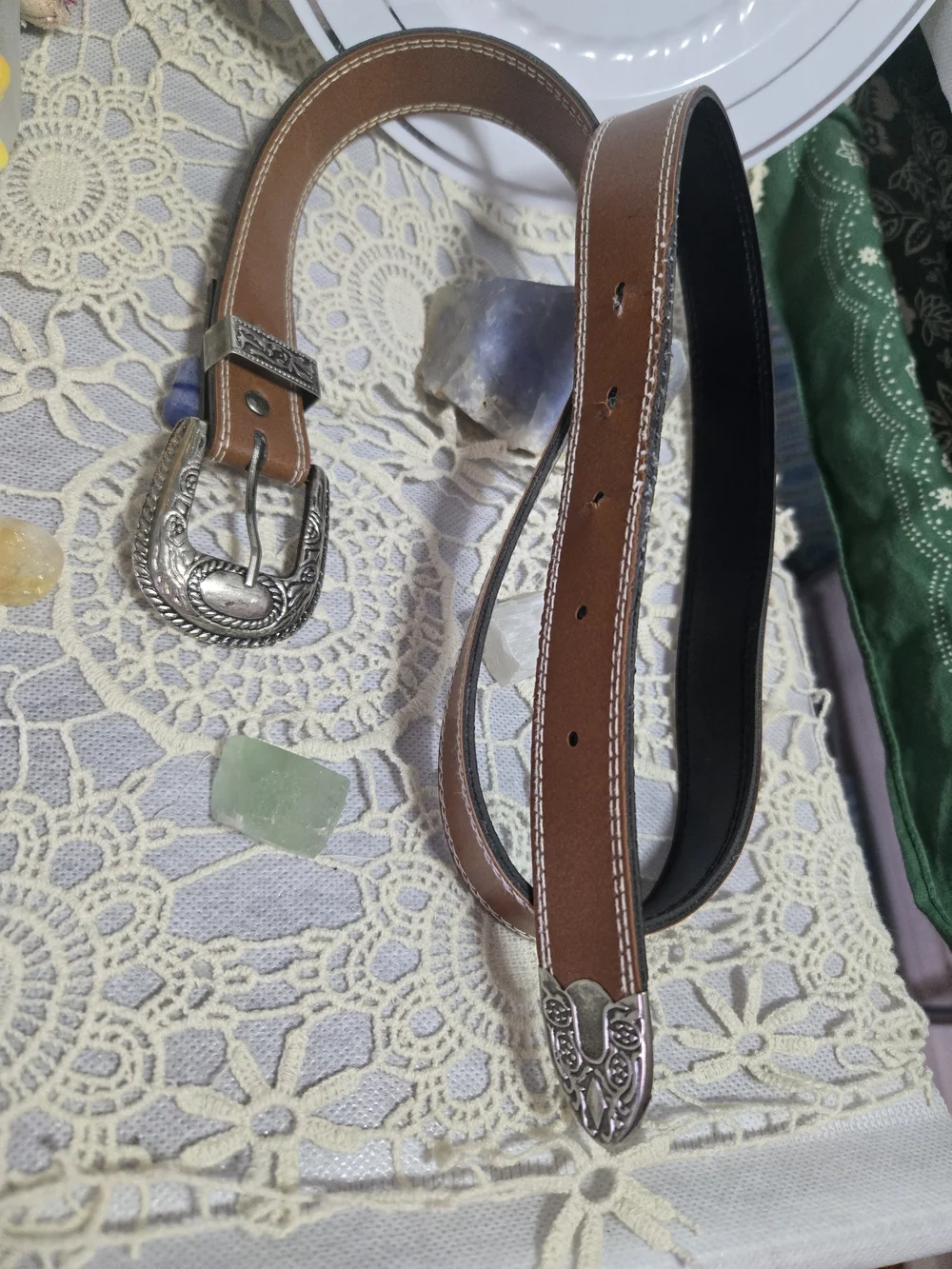 4/$15 Coastal Cowgirl Western-Style Brown Black Leather Belt, Deco Silver Buckle